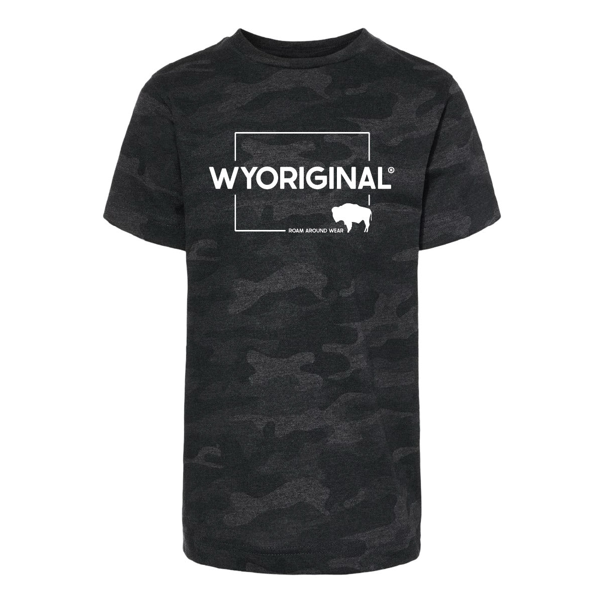 Wyoriginal in white on black camo made by Roam Around Wear in Wyoming