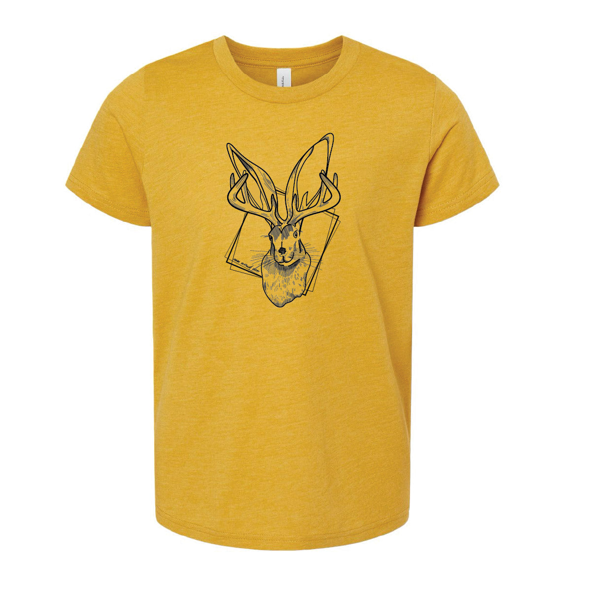 Jackalope design on youth mustard tee. Made in Gillette, WY by Roam Around Wear.