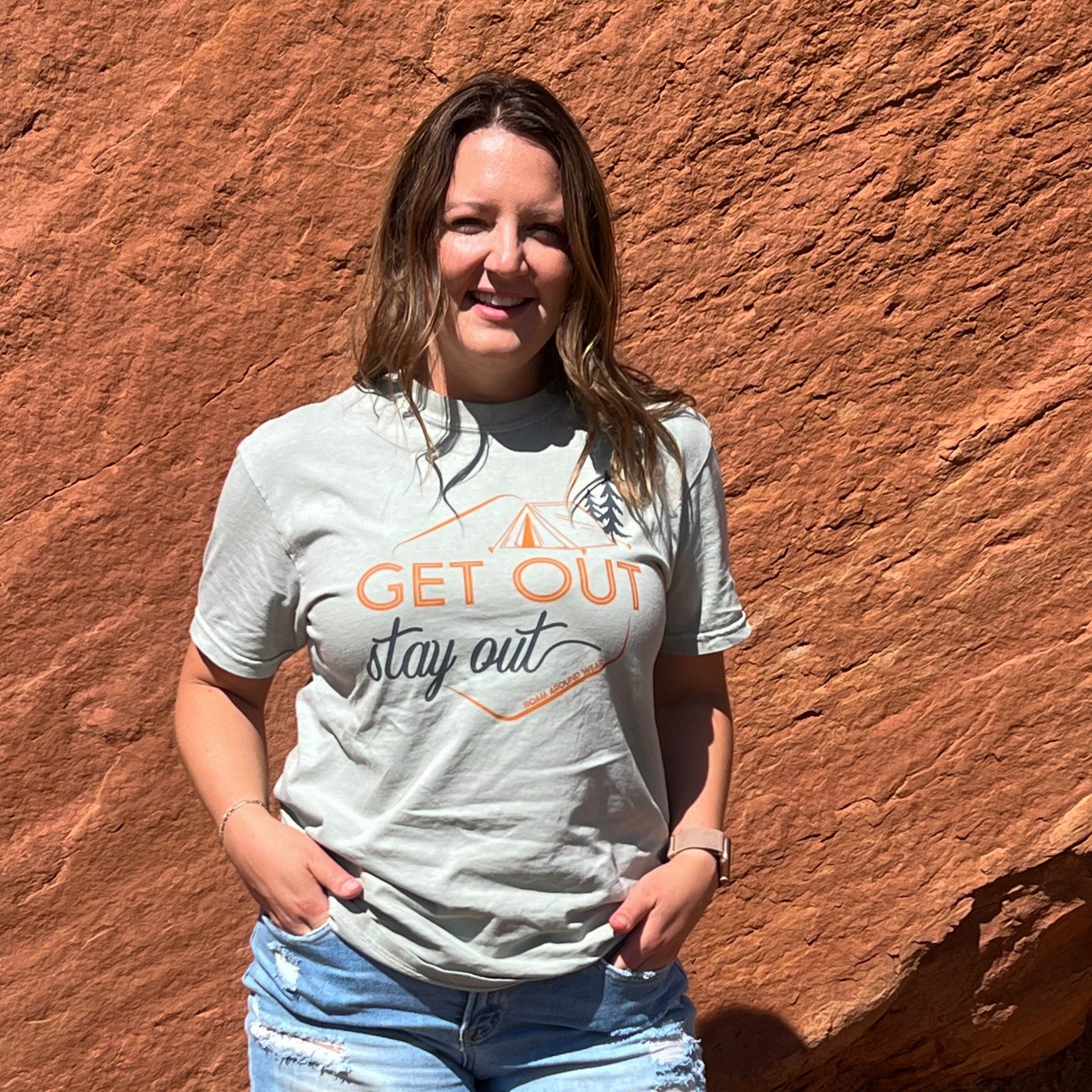 Get out stay out adult unisex tee. Heavyweight oversized outdoor tee. Roam Around Wear is a Wyoming t-shirt company based in Gillette, Wyoming