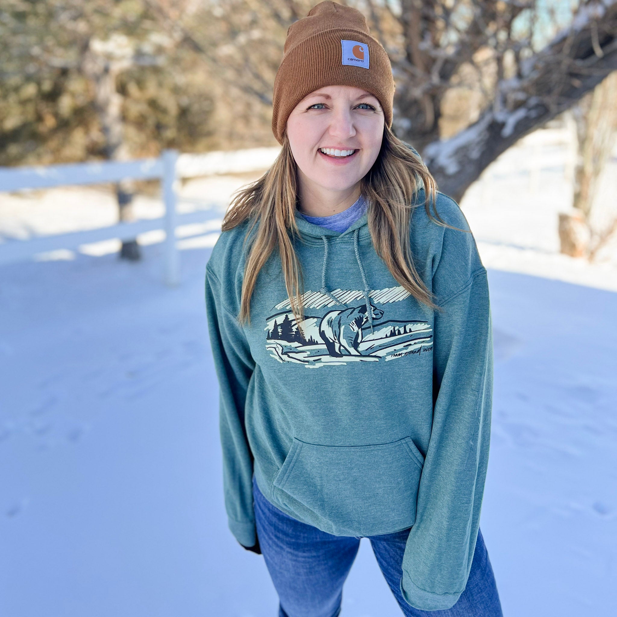 Bear Hoodie. Outdoor sweatshirt. Wyoming sweatshirt. Montana sweatshirt. Green sweatshirt. Roam Around Wear is a Wyoming t-shirt company based out of Gillette, Wyoming