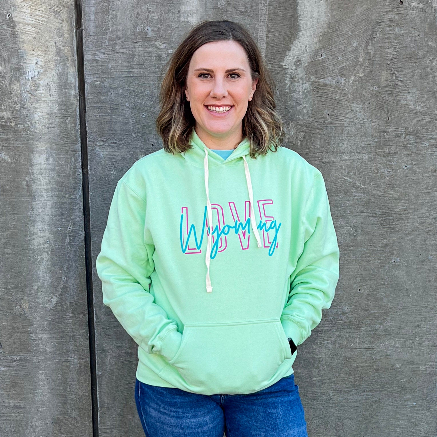 Neon Mint sweatshirt. Love Wyoming sweatshirt. Spring hoodie. Roam Around Wear is a Wyoming t-shirt company based out of Gillette, Wyoming