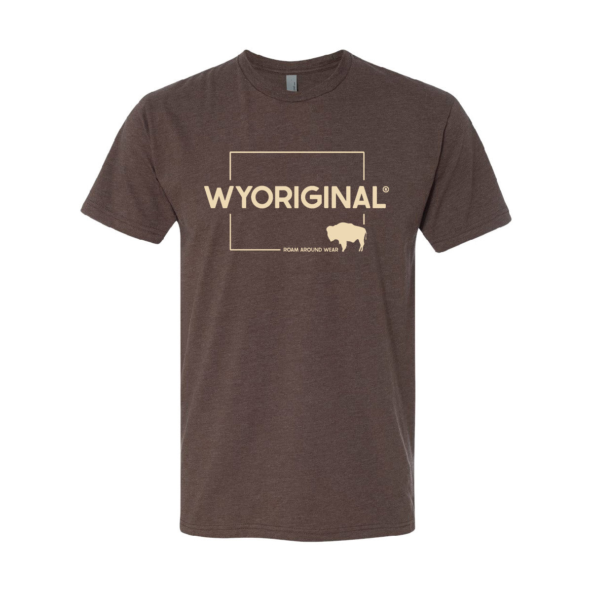 Wyoriginal Square State design in beige on brown unisex shirt. Roam Around Wear is a women owned Wyoming T-Shirt company based out of Gillette, Wyoming.