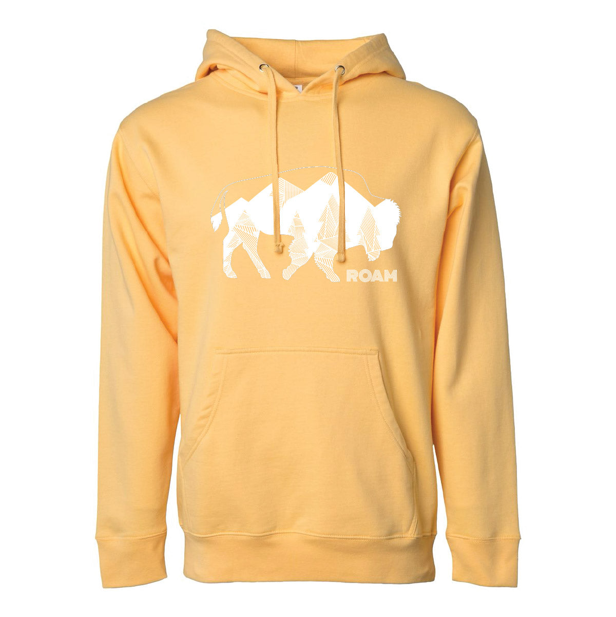 Geometric Tree Bison design in white on peach hooded sweatshirt. Roam Around Wear is a women owned Wyoming T-Shirt company based out of Gillette, Wyoming.