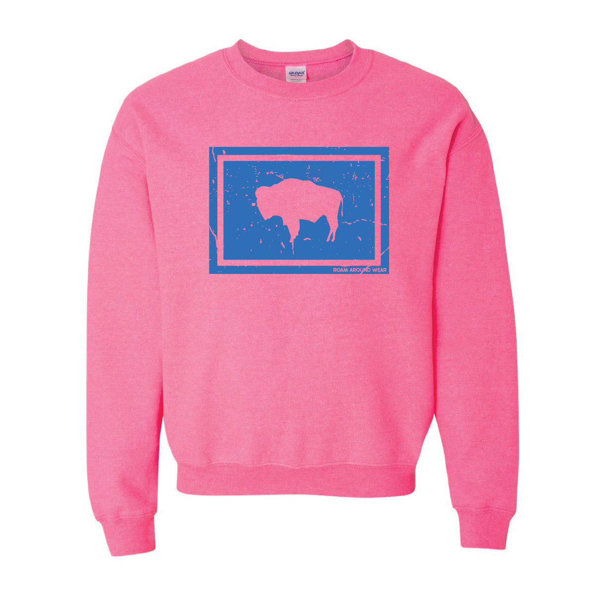 Bison Flag sweatshirt. neon. crew sweatshirt. Roam Around Wear is a Wyoming T-shirt company based in Gillette, Wyoming