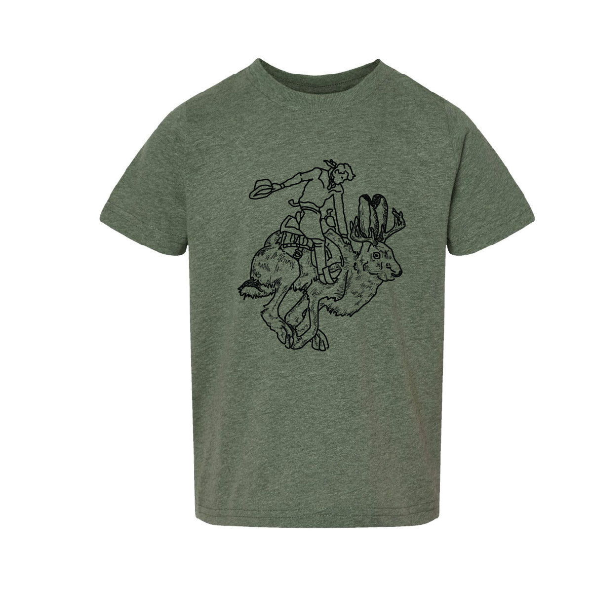 Black Jackalope and Rider toddler heather military  tee. Roam Around Wear is a Wyoming t-shirt company based out of Gillette, Wyoming. Artisan Designed.