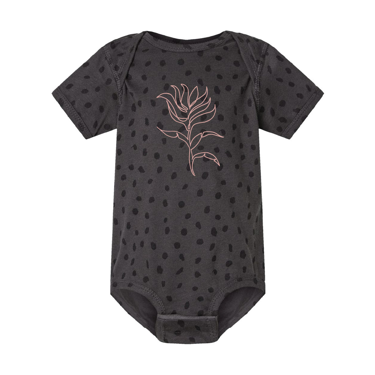 Charcoal Dot Onesie with Pink Indian Paintbrush. Made by Roam Around Wear in Gillette, Wy.