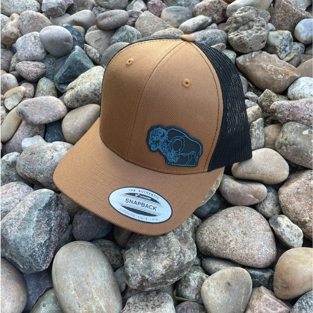 Brown/Black Bison trucker hat. Unique wyoming hats. Roam Around Wear is a Wyoming t-shirt company based in Gillette, WY