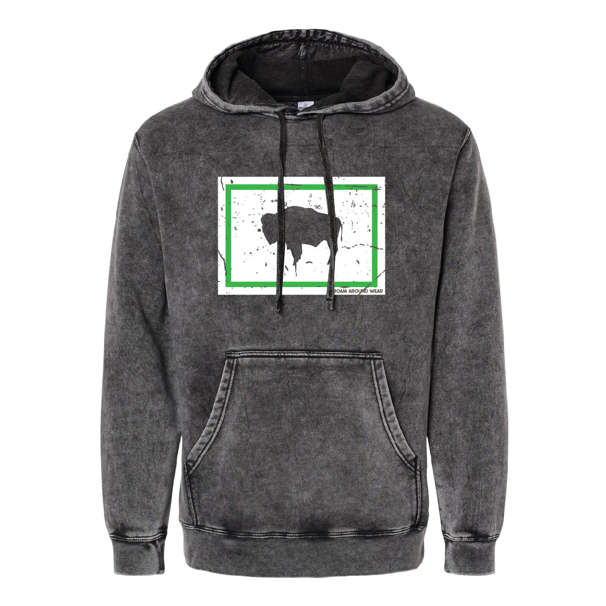 Bison Flag sweatshirt. neon. mineral wash. Roam Around Wear is a Wyoming T-shirt company based in Gillette, Wyoming