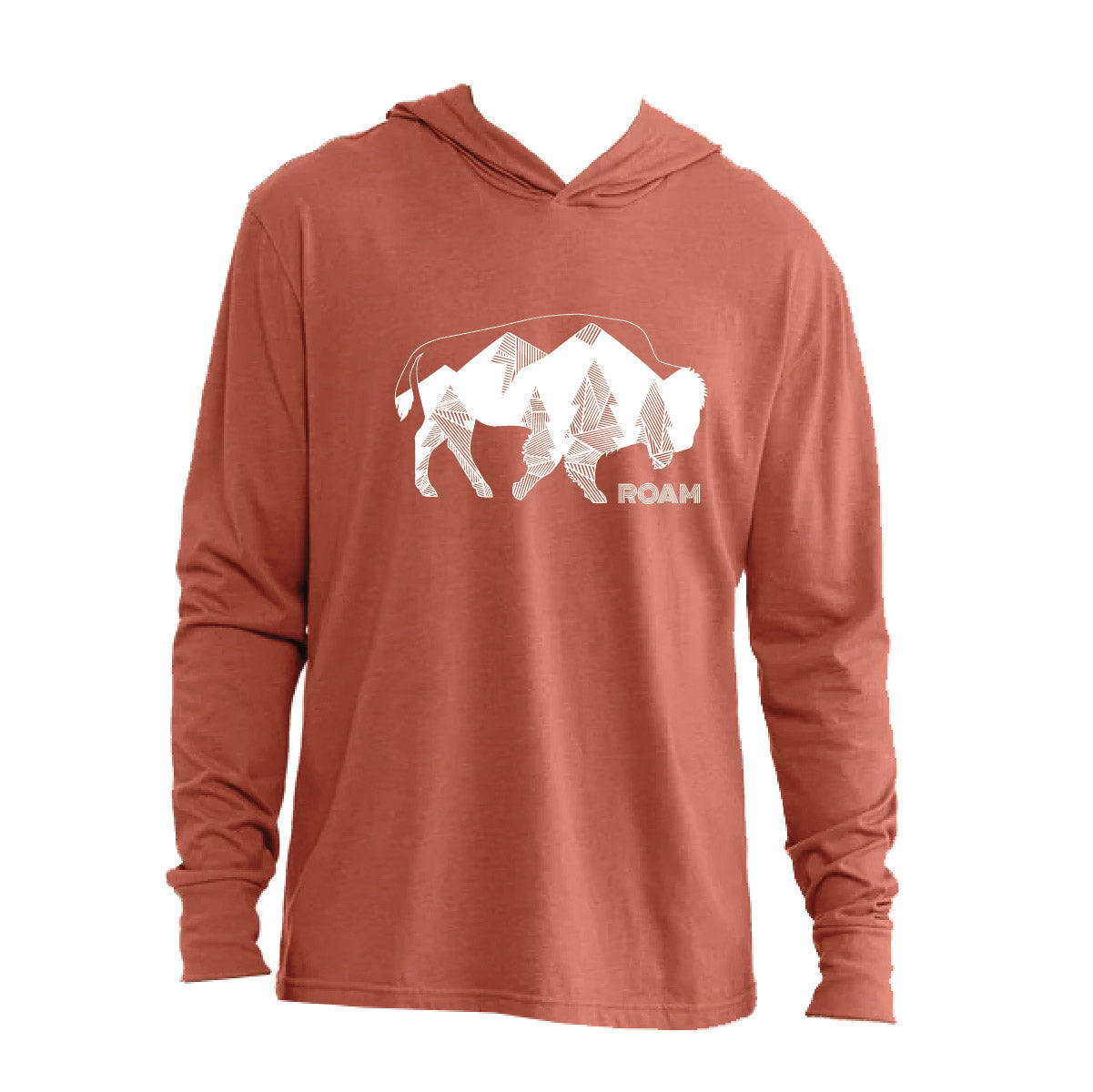 Geometric Tree Bison design in white on rust hooded long sleeve. Roam Around Wear is a women owned Wyoming T-Shirt company based out of Gillette, Wyoming.