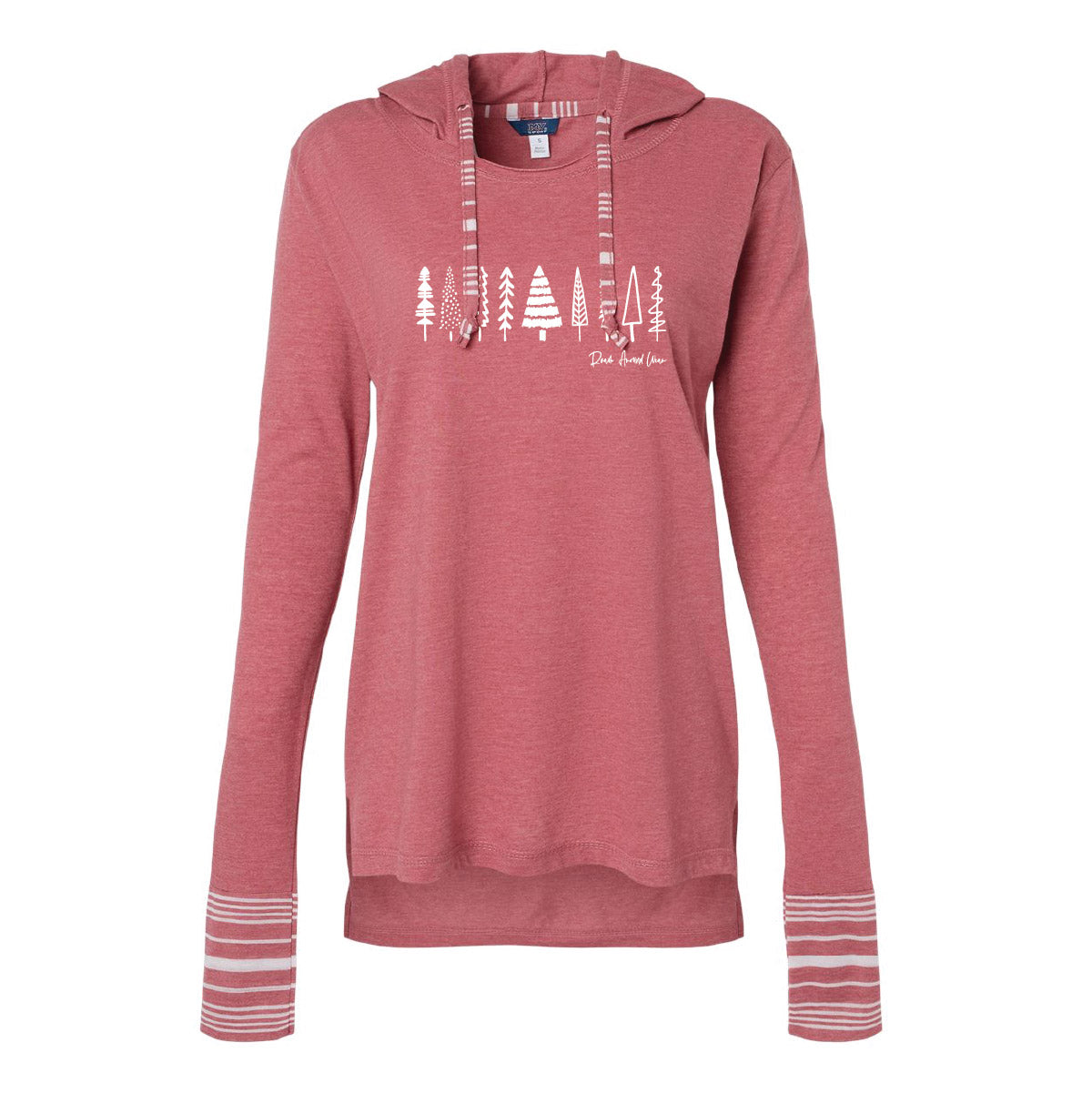 Holiday trees women's long sleeve hooded tee. Roam Around Wear is a Wyoming t-shirt company based in Gillette, Wyoming