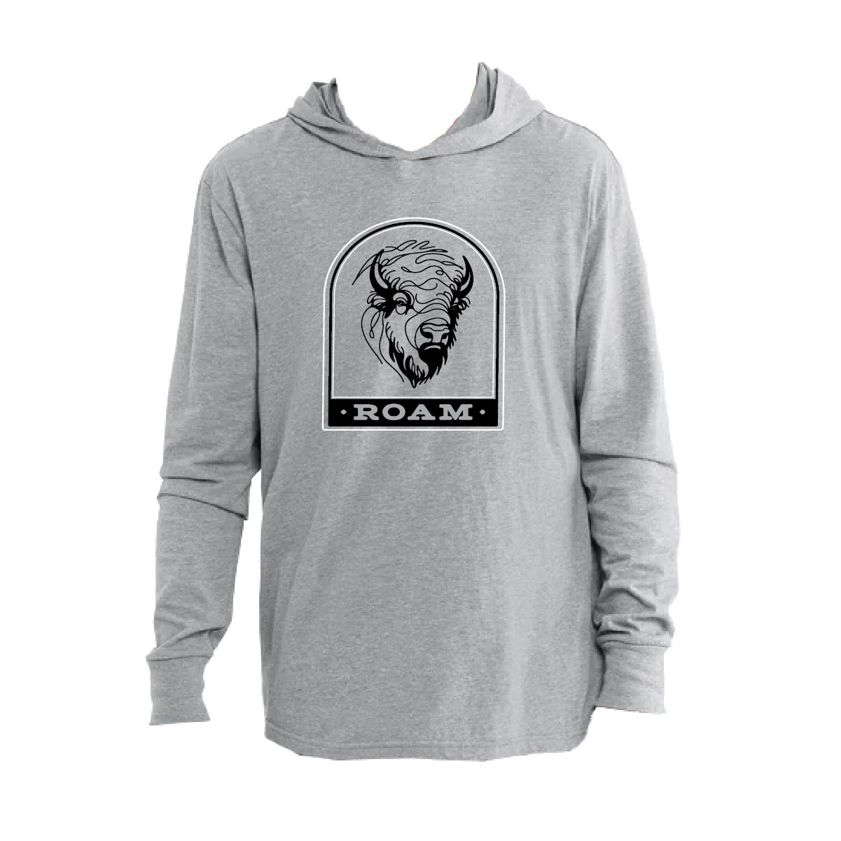 Roam Bison design in white on  gray hooded long sleeve. Roam Around Wear is a women owned Wyoming T-Shirt company based out of Gillette, Wyoming.