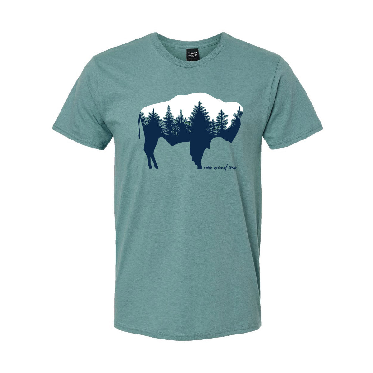 Teal t-shirt with a graphic of a buffalo and trees on a white background. Roam Around Wear is a t-shirt company in Gillette, WY.