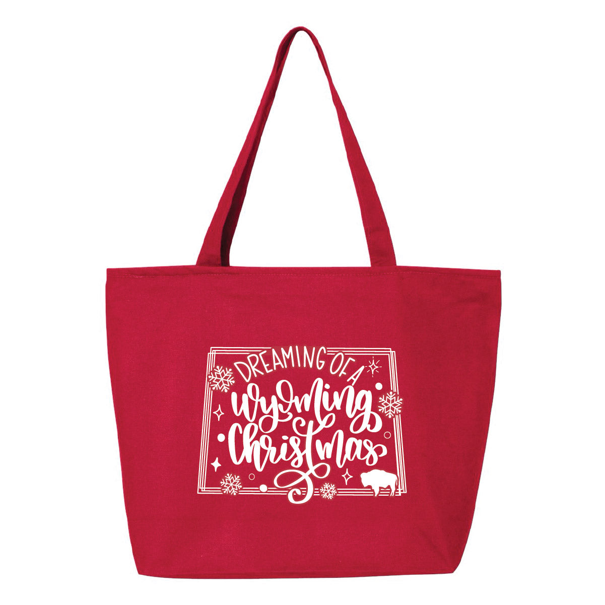 Dreaming of a Wyoming Christmas Hand lettered design. Roam Around Wear is a Wyoming T-shirt Company. Red Wyoming Tote bag.