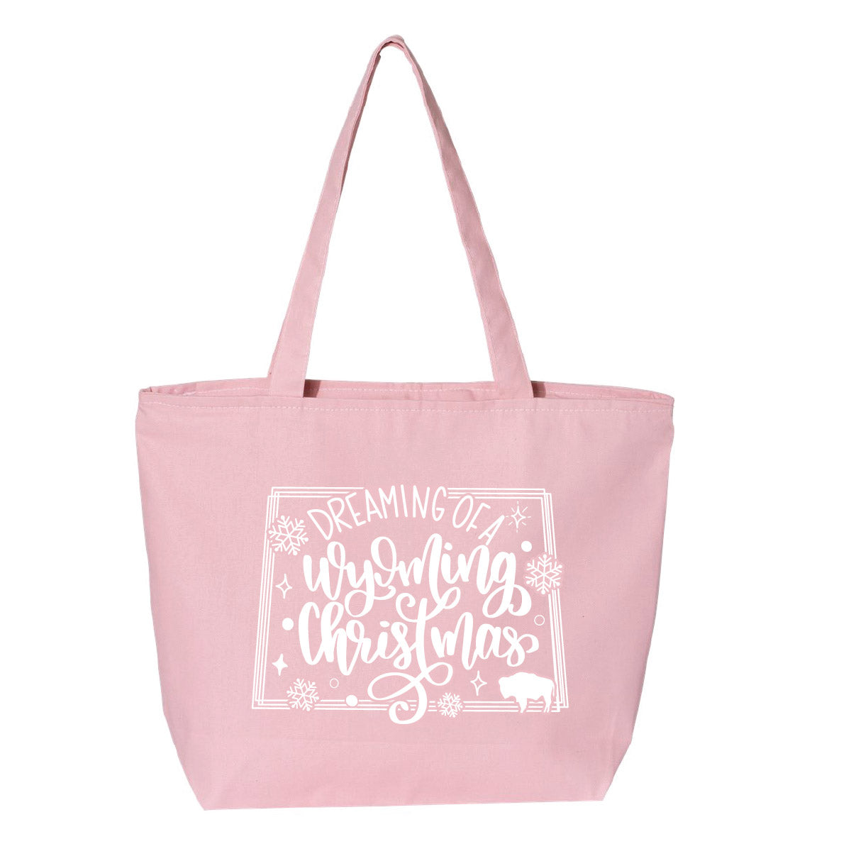 Dreaming of a Wyoming Christmas Hand lettered design. Roam Around Wear is a Wyoming T-shirt Company. Light Pink Wyoming Tote bag.