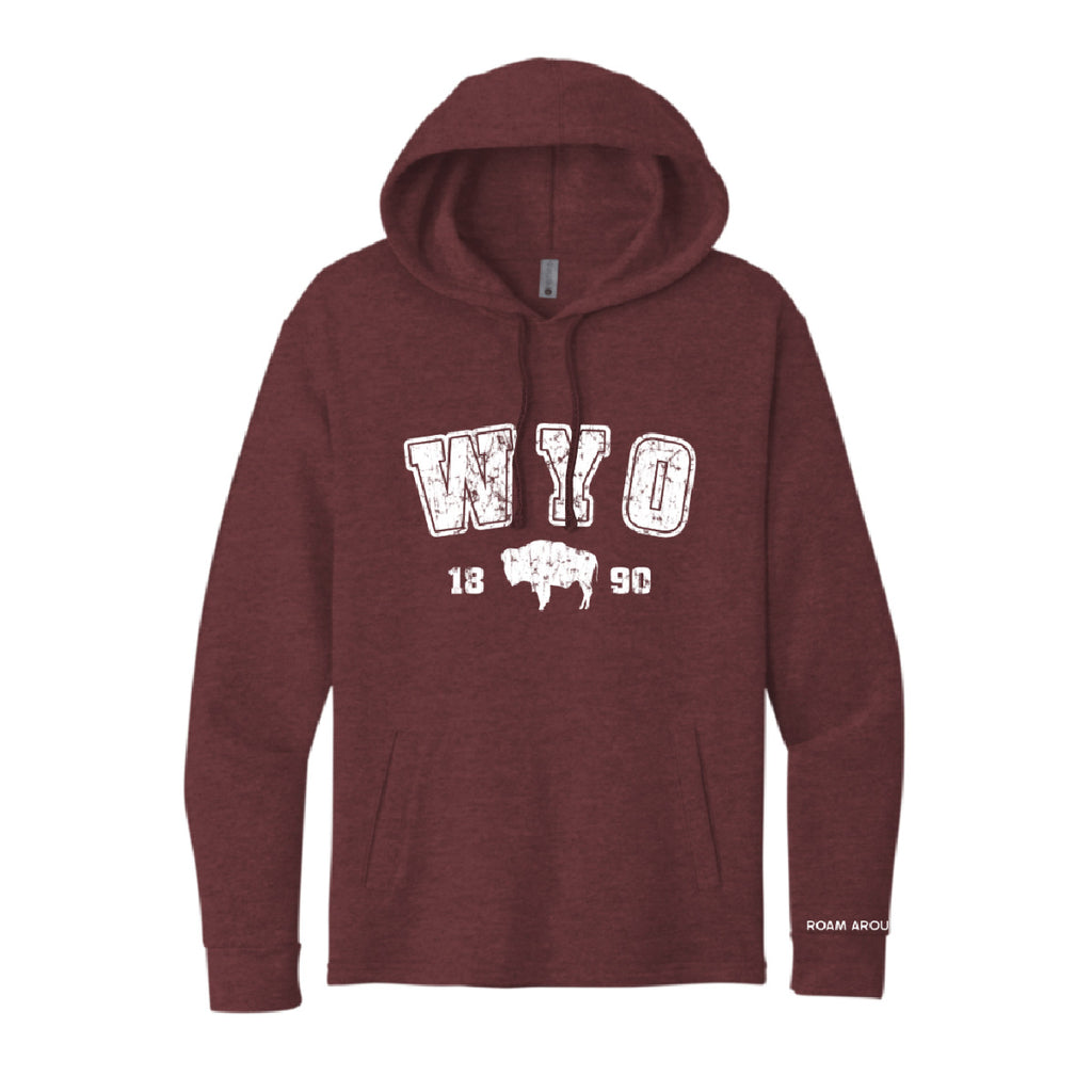 WYO maroon hoodie. Wyoming unisex hoodie. Wyoming women's hoodie. Roam Around Wear is a Wyoming t-shirt company specializing in custom gear. Designed and printed in Gillette, Wyoming