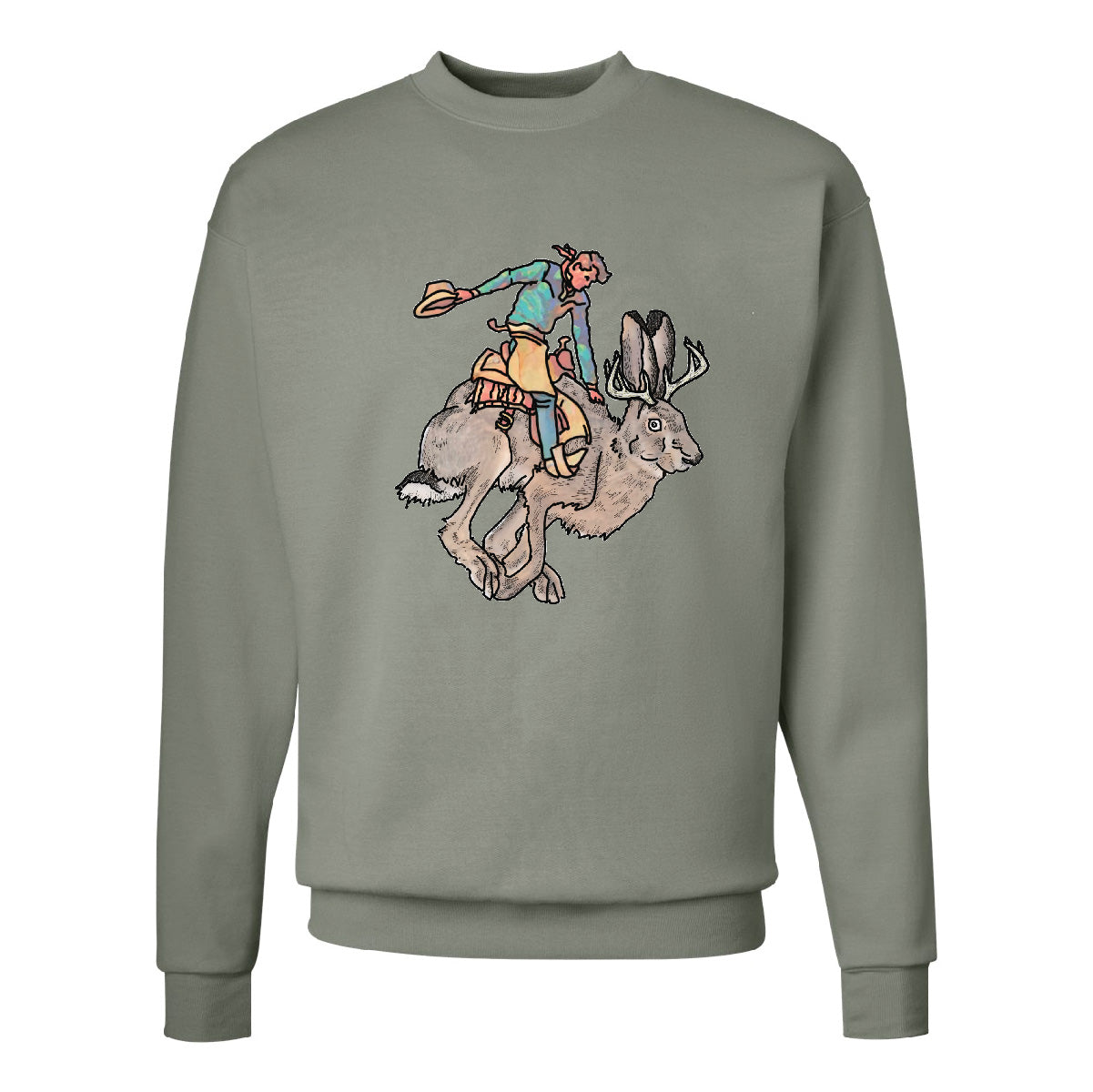 Roam Around Wear is a Wyoming t-shirt company based out of Gillette, Wyoming. Wyoming Jackalope and Rider Sweatshirt. Unisex sweatshirt. Artisan designed.