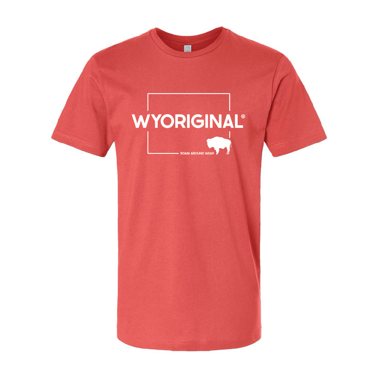 Wyoriginal Square State design in white on red/orange shirt. Roam Around Wear is a women owned Wyoming T-Shirt company based out of Gillette, Wyoming.