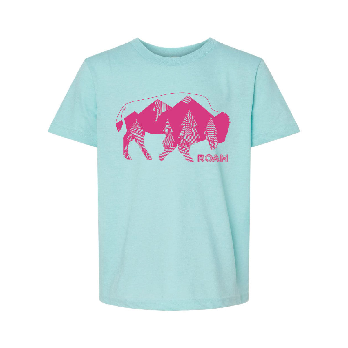 Geo Bison in pink on aqua tee. Made in Gillette, WY by Roam Around Wear.