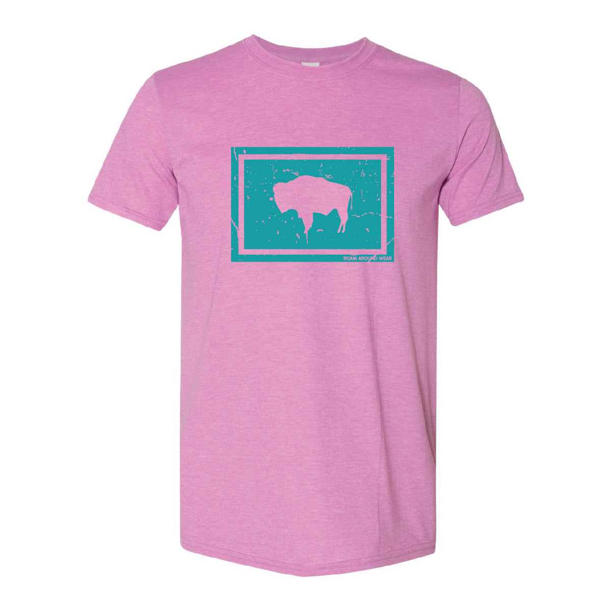 Spring tee. Wyoming bison tee. Western bison t-shirt. Unisex tee. Women's pink tee with teal bison. Roam Around Wear is a Wyoming t-shirt company based in Gillette, Wyoming