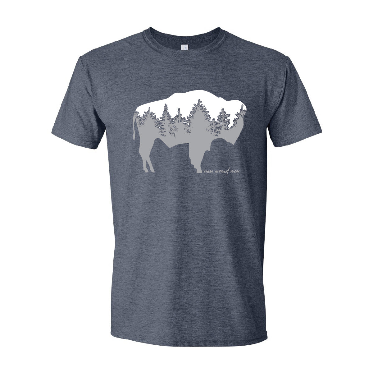 Bison forest unisex tee. Navy wyoming tee. Roam Around Wear is a Wyoming t-shirt company based in Gillette, Wyoming