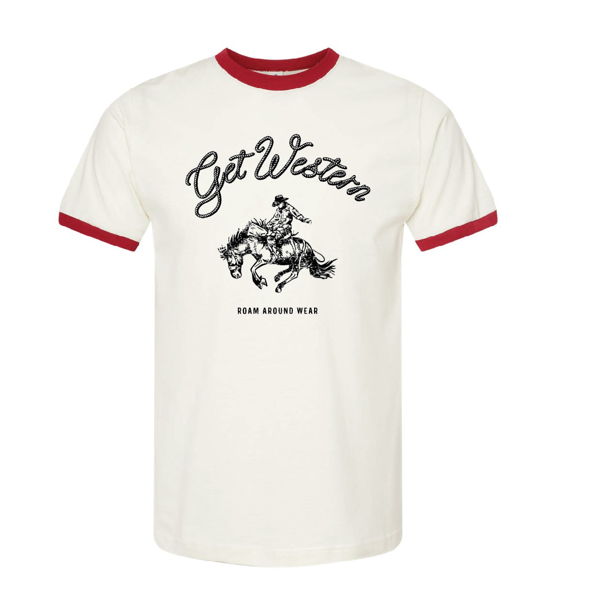 Get Western Cowboy and Rider print in black on a vintage inspired red/white unisex ringer tee. Wyoming tee. Rodeo Tee. Western t-shirt. Roam Around Wear is a Wyoming t-shirt company based out of Gillette, Wyoming