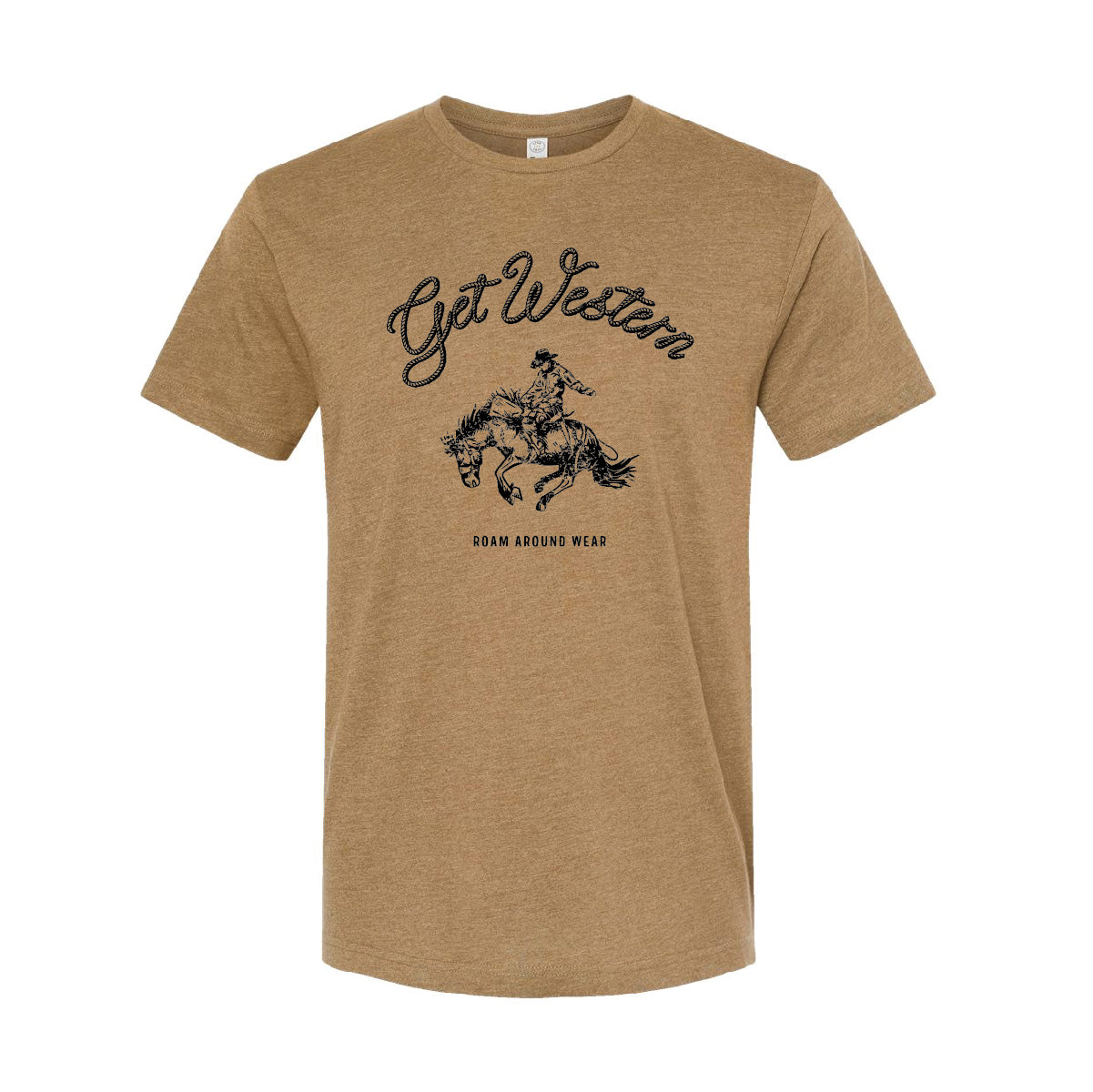 Get Western Wyoming Print. Bucking horse and cowboy in black with Get Western rope text. Wyoming Tee. Rodeo Tee. Roam Around Wear is a Wyoming t-shirt company based out of Gillette, Wyoming