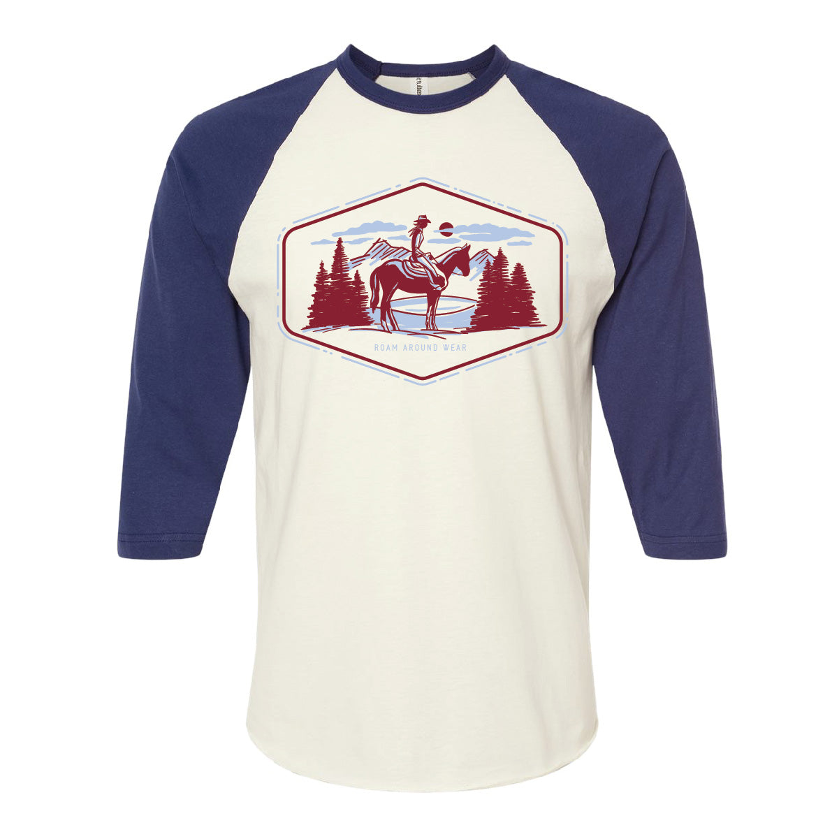 Americana cowgirl on horse tee. Baseball tee. Western americana tee. Roam Around Wear is a Wyoming t-shirt company based out of Gillette, Wyoming