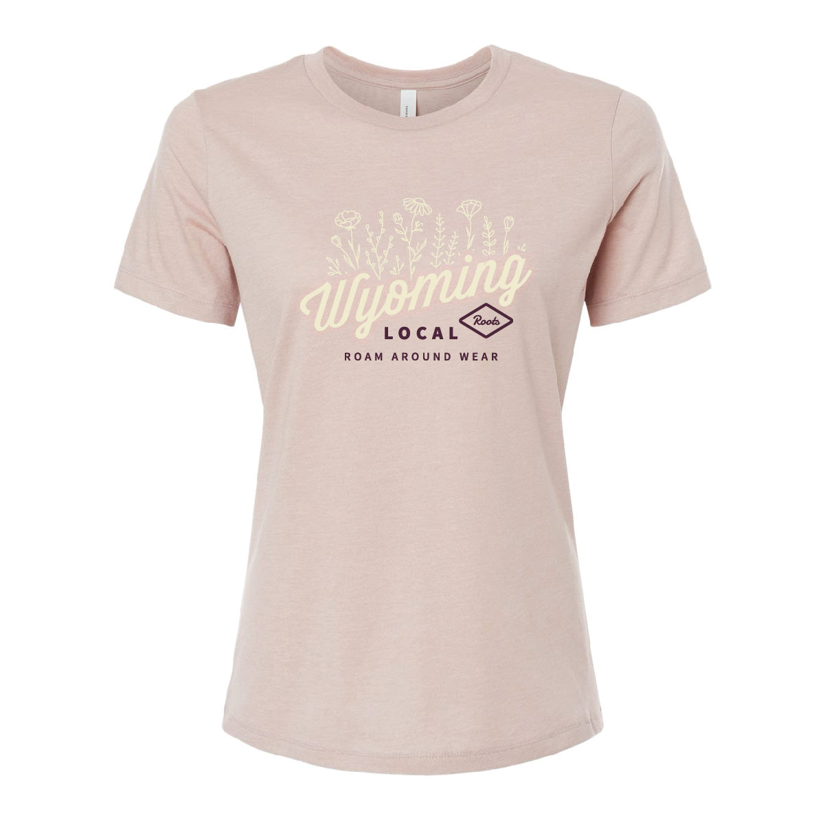 Spring tee. Wyoming floral tee. Wyoming t-shirt. Unisex tee. Women's pink tee with beige and eggplant floral. Roam Around Wear is a Wyoming t-shirt company based in Gillette, Wyoming