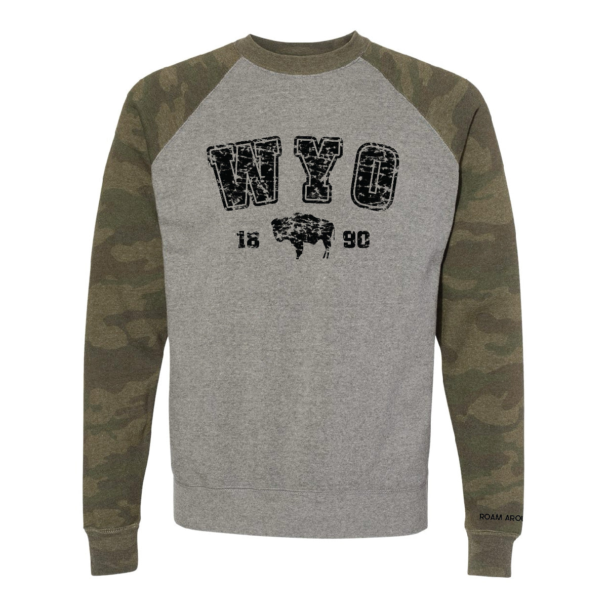 WYO Sweatshirt. Crew camo sweatshirt. Bison sweatshirt. Roam Around Wear is a Wyoming t-shirt company based out of Gillette, Wyoming