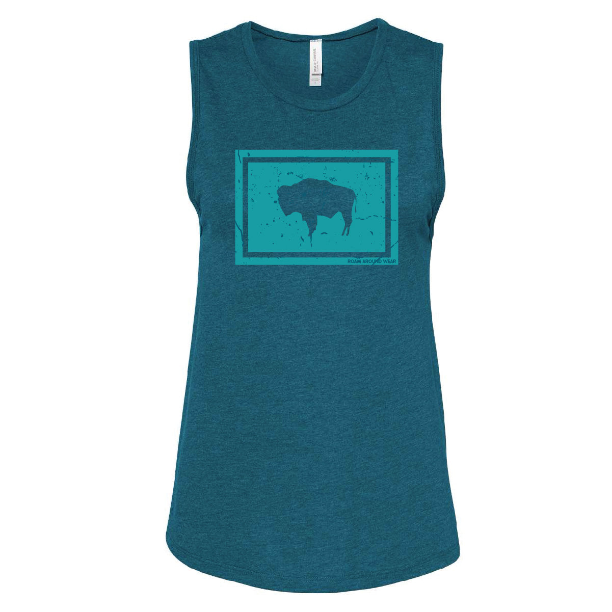 Summer tank. Wyoming bison tee. Western bison t-shirt. Women's tank. Women's teal tank with teal bison. Roam Around Wear is a Wyoming t-shirt company based in Gillette, Wyoming