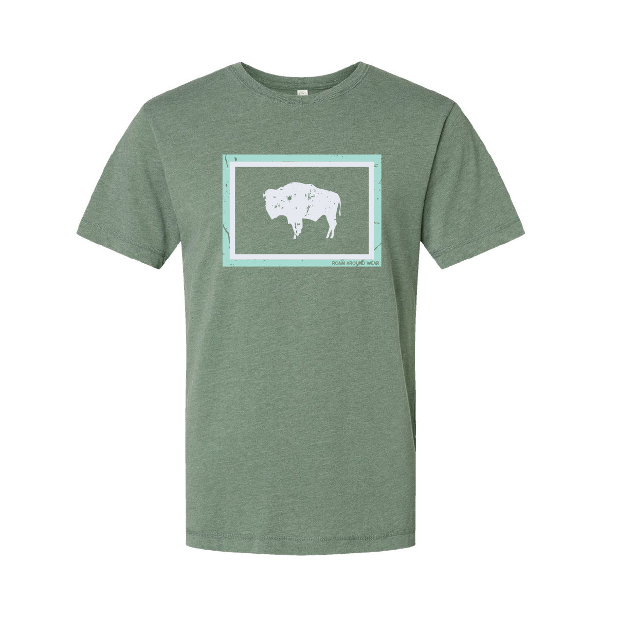 Wyoming Flag tee. Wyoming bison tee. Western bison t-shirt. Unisex tee. Roam Around Wear is a Wyoming t-shirt company based in Gillette, Wyoming
