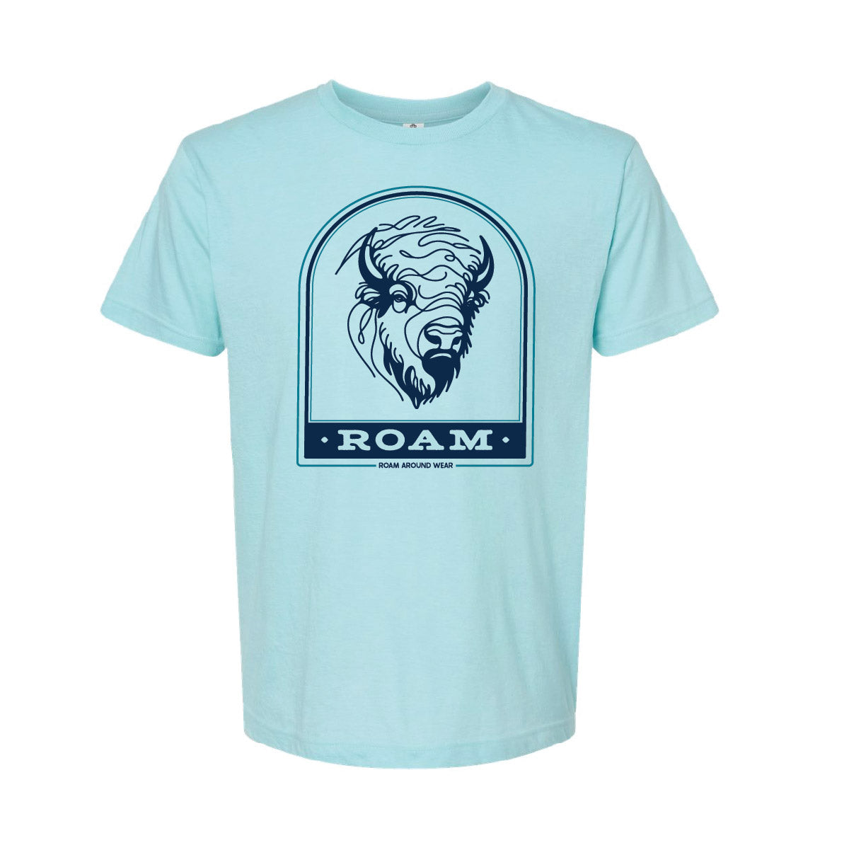 Roam Continuous Line Bison on Heather Light Blue. Roam Around Wear is a Wyoming t-shirt company based in Gillette, Wyoming