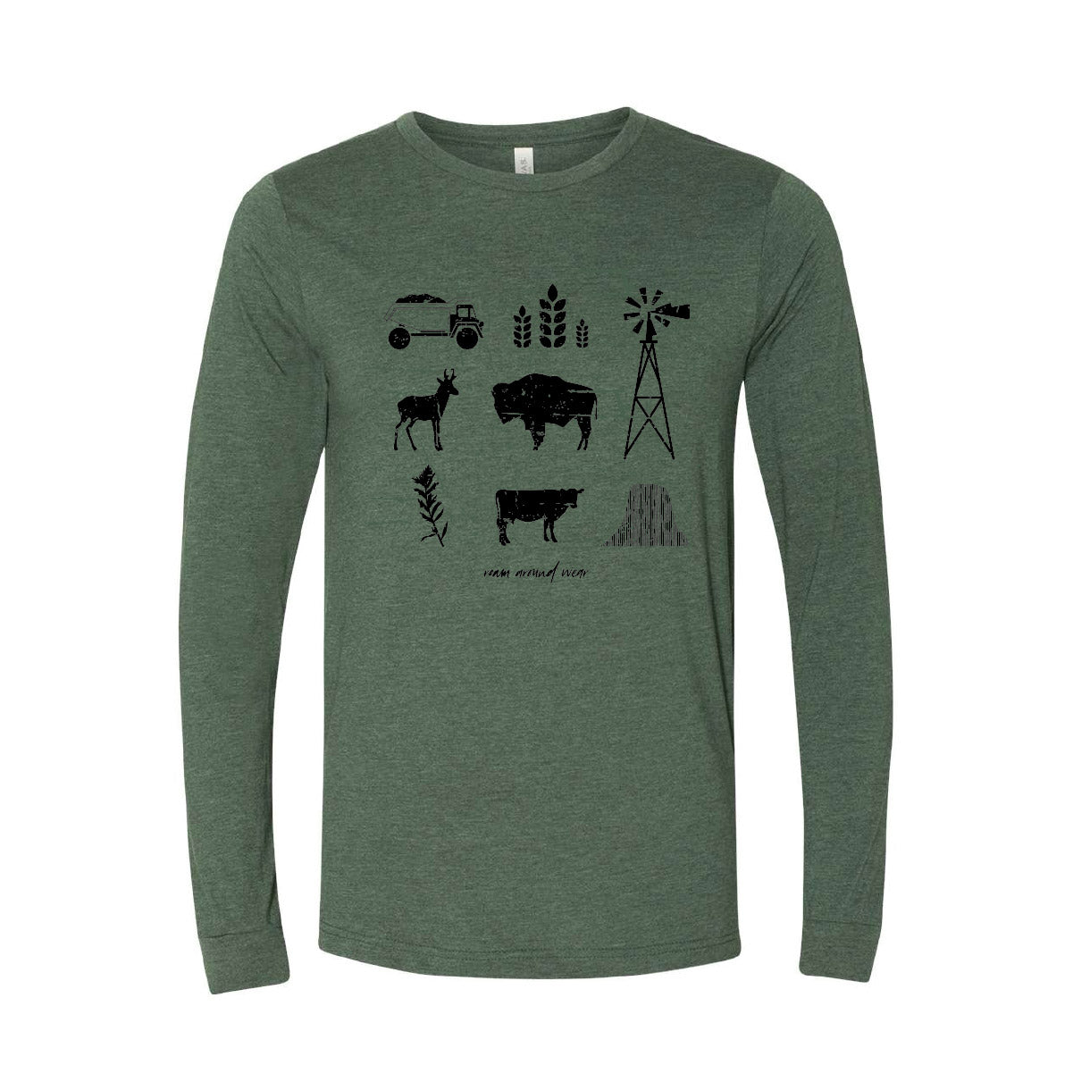 WYO icons on unisex heather forest long sleeve. Roam Around Wear is a Wyoming t-shirt company based in Gillette, Wyoming