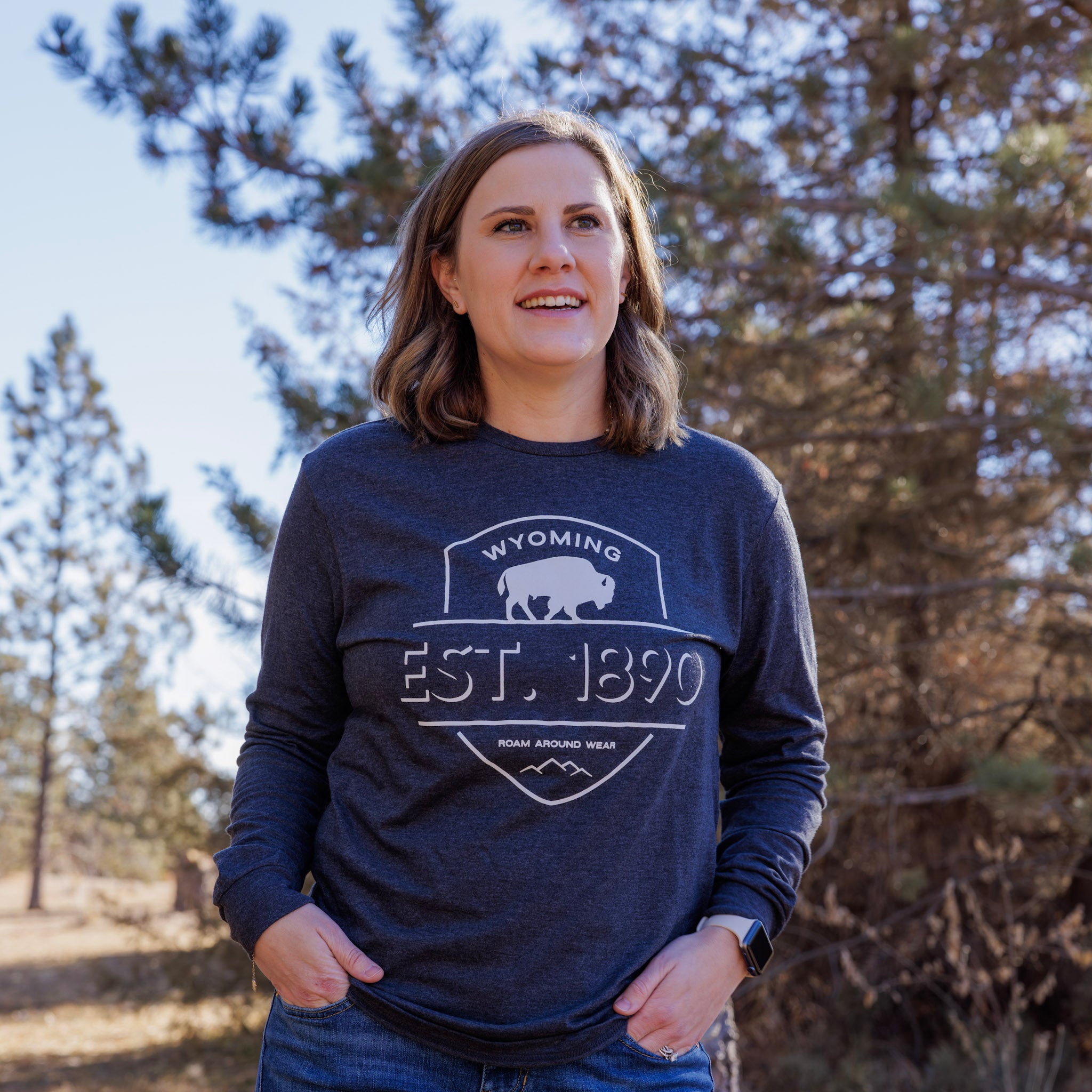Wyoming Long Sleeve Tee. Unisex Wyoming t-shirt. Roam Around Wear is a Wyoming t-shirt company based in Gillette, Wyoming
