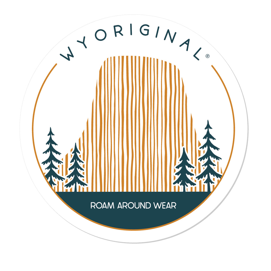 Devils Tower navy and gold sticker. 3" waterproof and weatherproof sticker. Roam Around Wear is a women owned Wyoming T-Shirt company based out of Gillette, Wyoming.