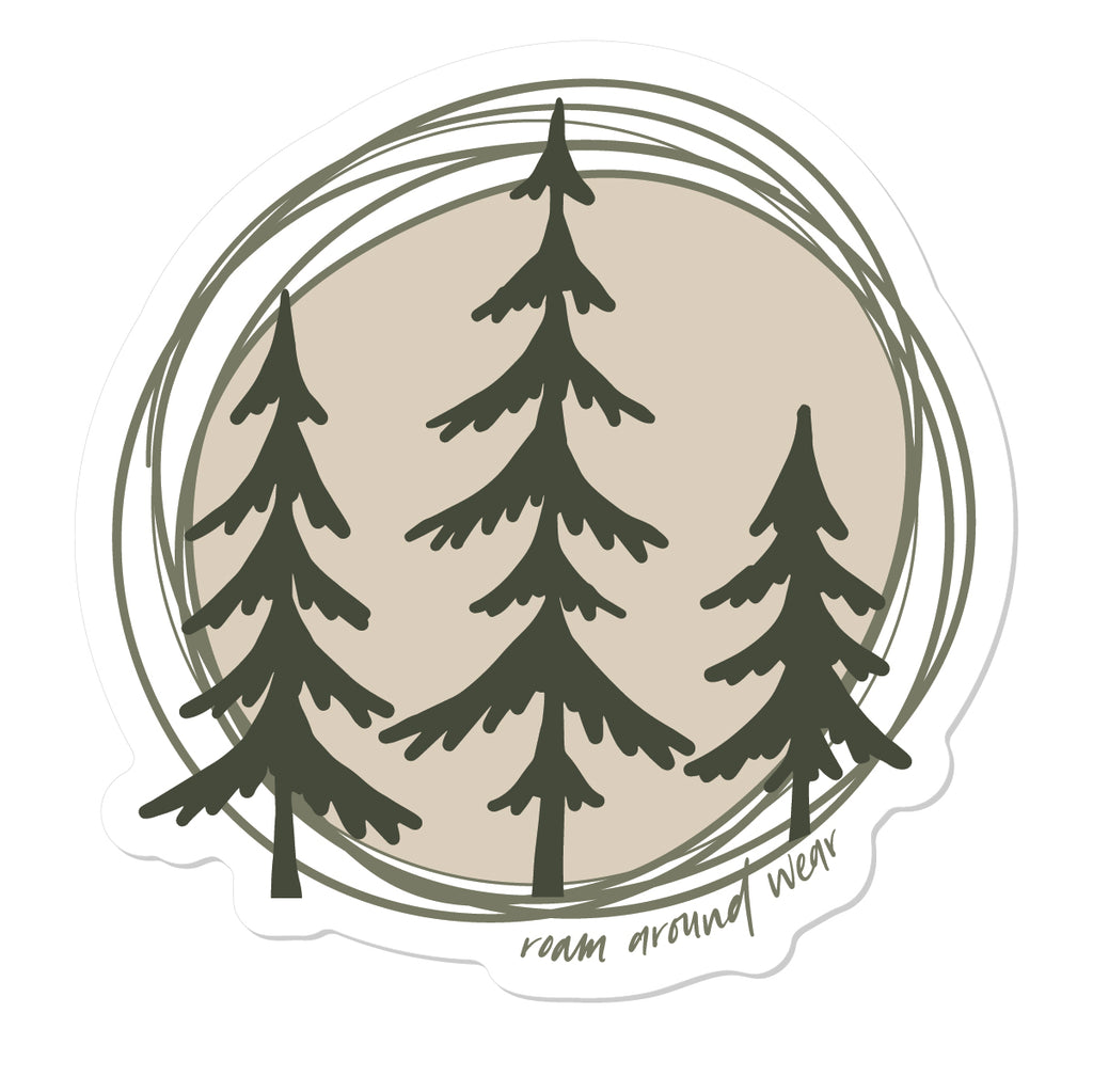 Green, white and tan circle trees sticker. 3" waterproof and weatherproof sticker. Roam Around Wear is a women owned Wyoming T-Shirt company based out of Gillette, Wyoming.