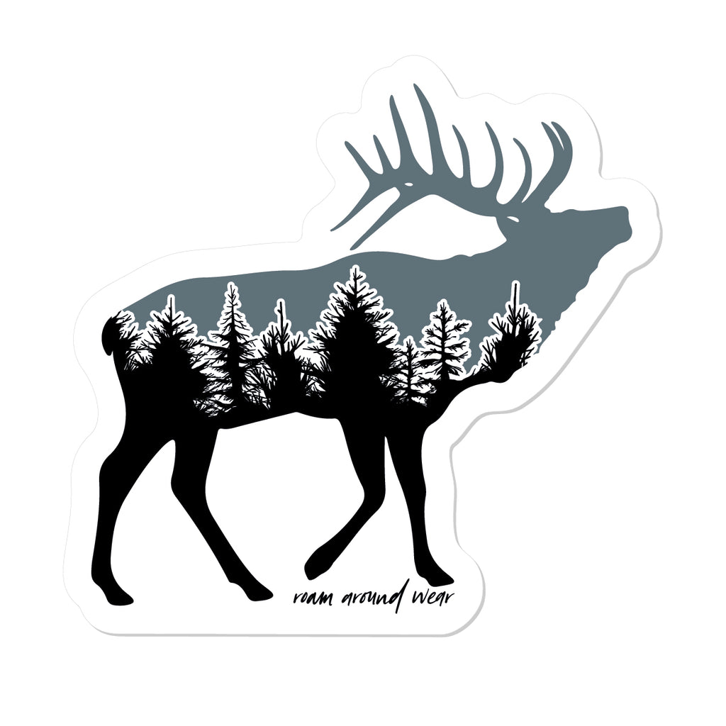 Blue, black and white elk trees sticker. 2.6" waterproof and weatherproof sticker. Roam Around Wear is a women owned Wyoming T-Shirt company based out of Gillette, Wyoming.