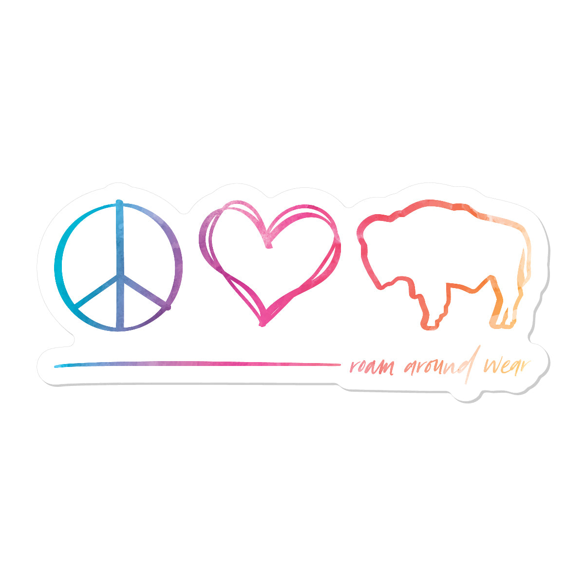 Multi-color Peace, Love Bison Sticker. 3.5