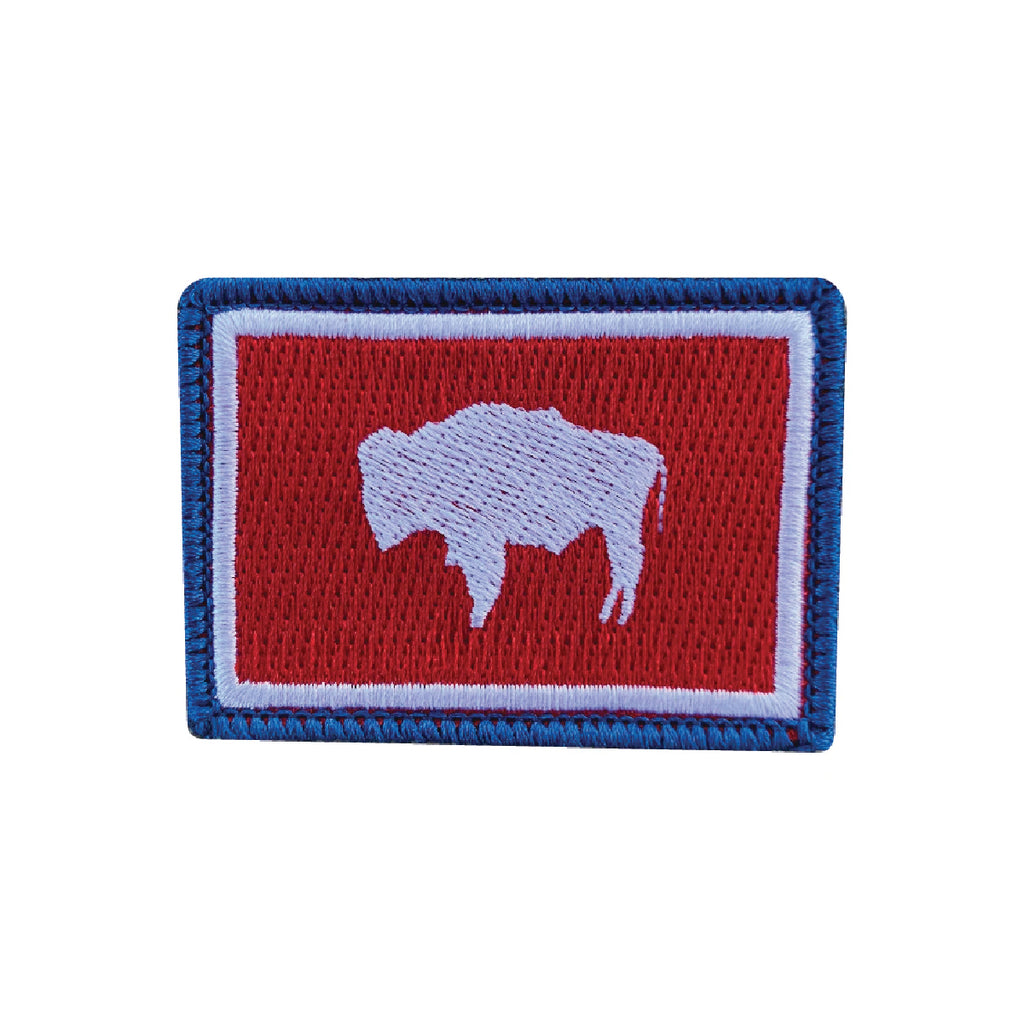 Red, blue and white embroidered flag patch. Roam Around Wear is a women owned Wyoming T-Shirt company based out of Gillette, Wyoming.