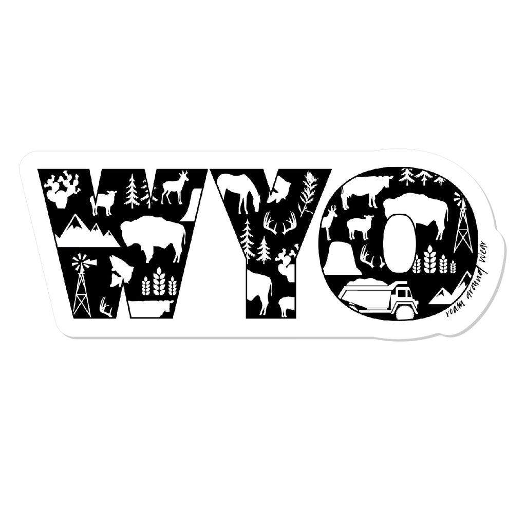Black and white WYO Icons sticker. 3.15" waterproof and weatherproof sticker. Roam Around Wear is a women owned Wyoming T-Shirt company based out of Gillette, Wyoming.
