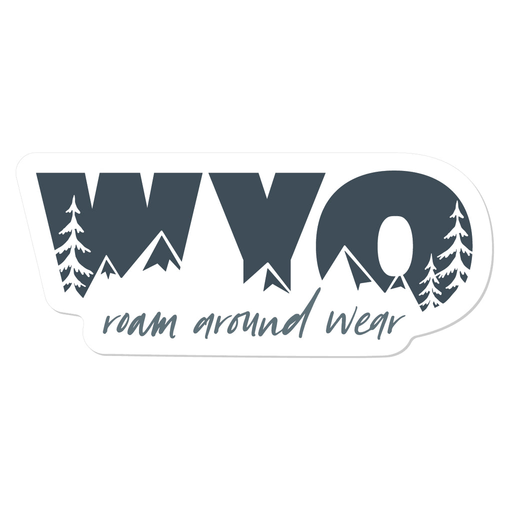 Slate blue and white WYO Peaks sticker.  3" waterproof and weatherproof sticker. Roam Around Wear is a women owned Wyoming T-Shirt company based out of Gillette, Wyoming.