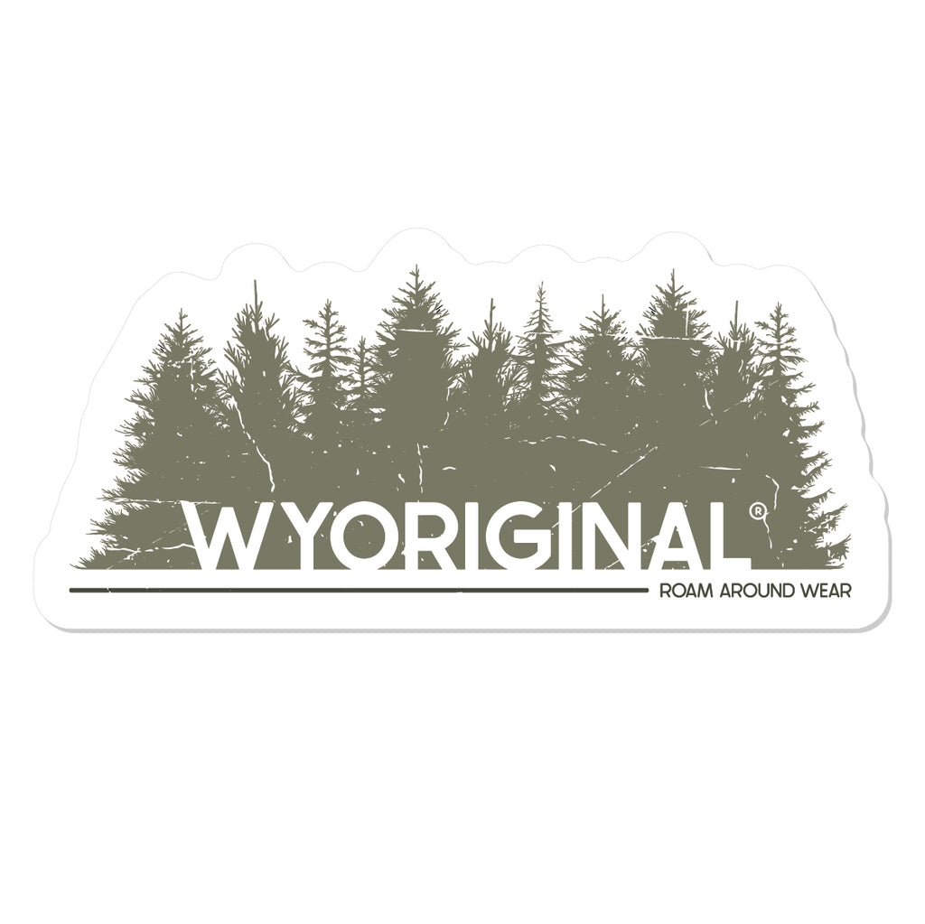 Green and white Wyoriginal trees sticker. 2.92" waterproof and weatherproof sticker. Roam Around Wear is a women owned Wyoming T-Shirt company based out of Gillette, Wyoming.