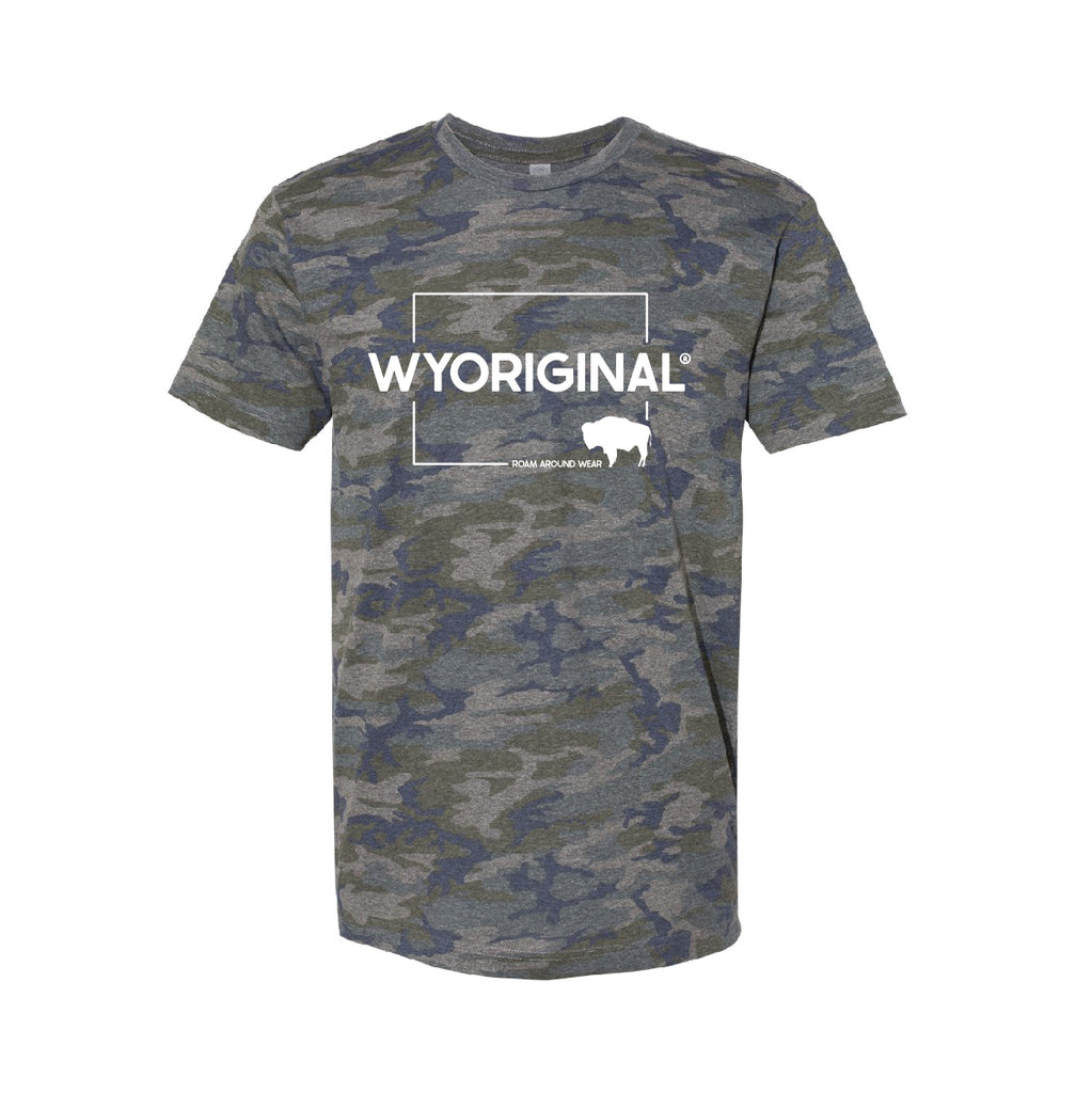 Wyoriginal Square State Design in white on vintage camo tee. Roam Around Wear is a women owned Wyoming T-Shirt company based out of Gillette, Wyoming.