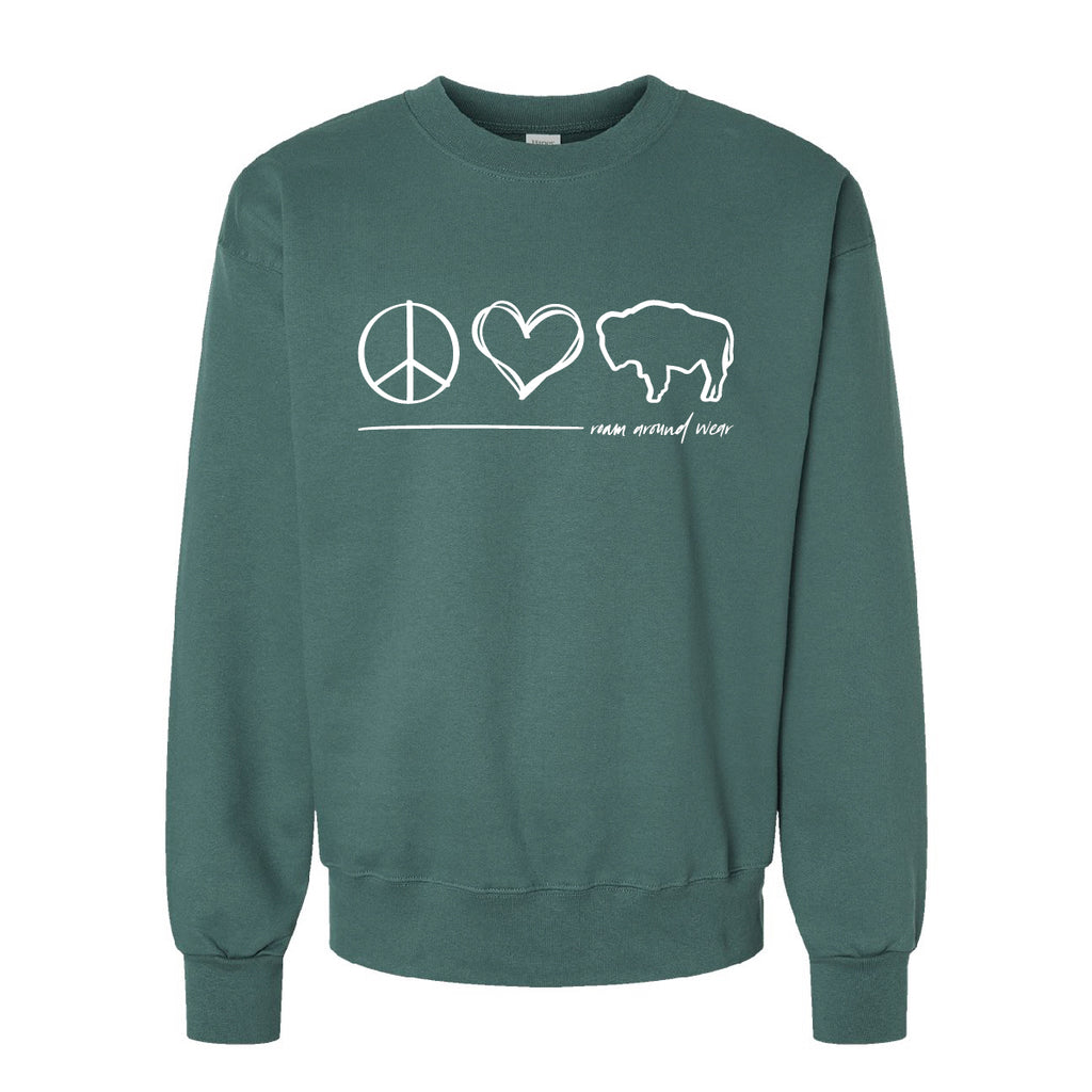 Peace Love Bison Crew Neck Sweatshirt made by Roam Around Wear in Gillette, WY